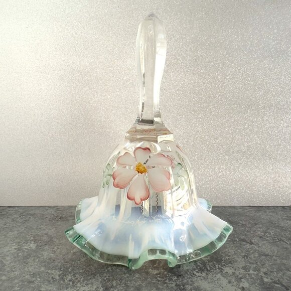 Fenton Opalescent Meadow Beauty Green Crest Hand-painted Bell 6.5” - Picture 4 of 6